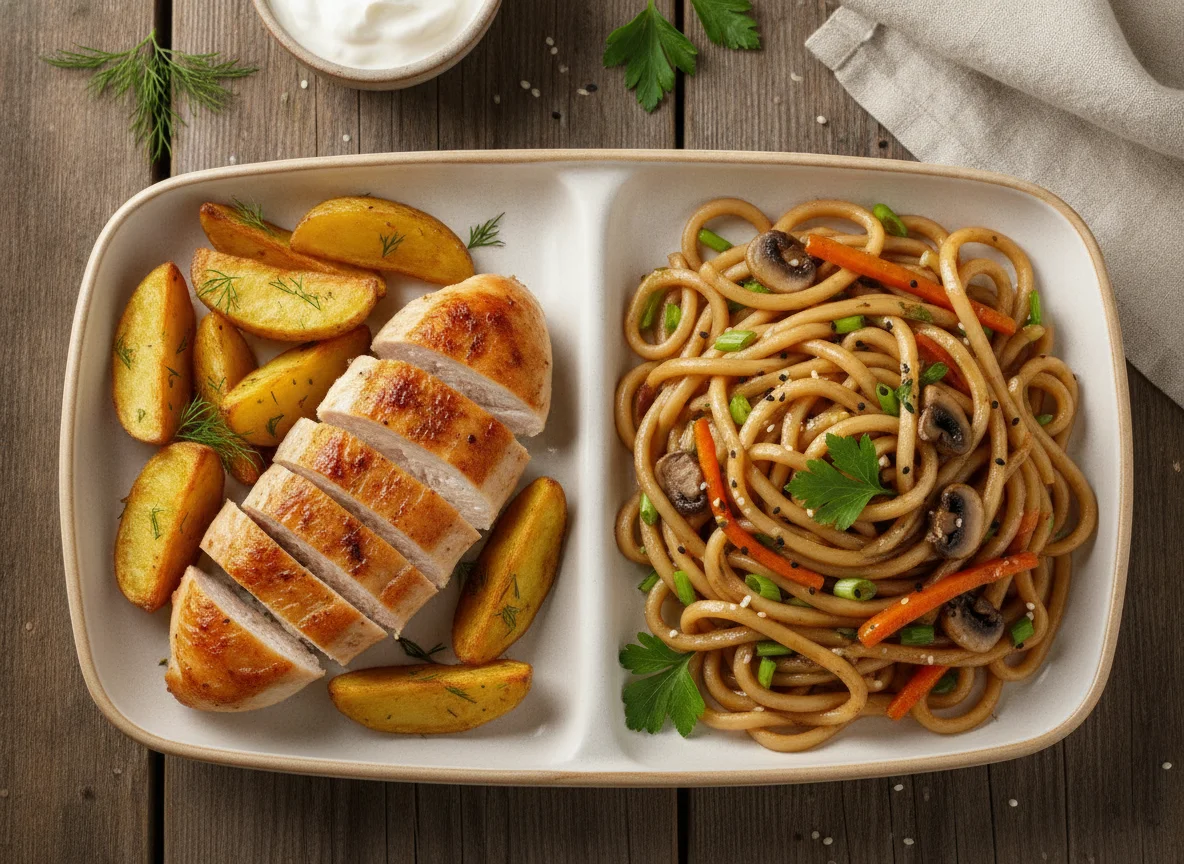 Куриная грудка с картофелем и лапша с овощами photo