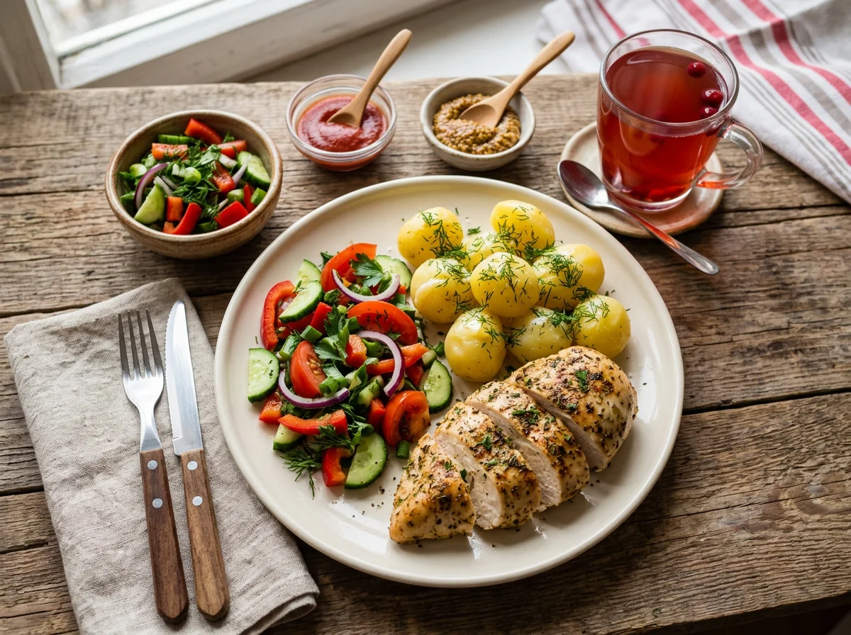 Куриная грудка с картофелем и овощным салатом photo