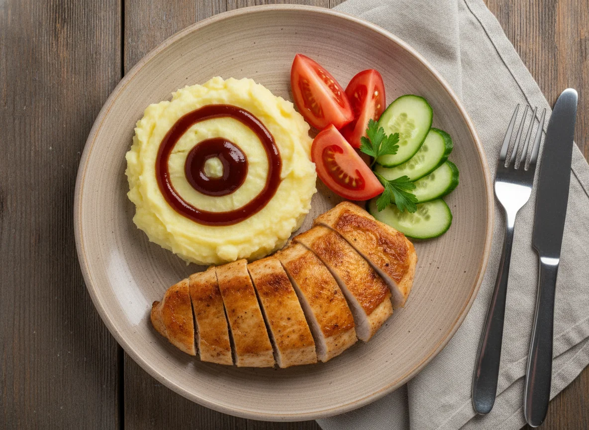 Куриная грудка с картофельным пюре и овощами photo