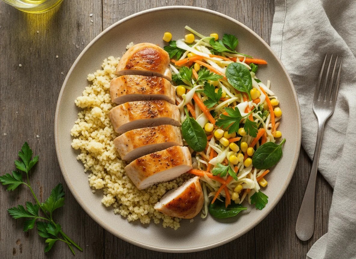 Куриная грудка с кускусом и овощным салатом photo
