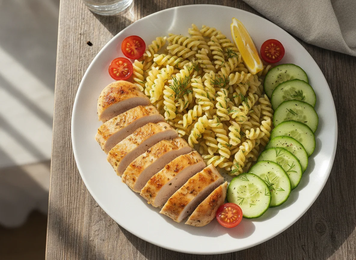 Куриная грудка с макаронами и огурцом photo