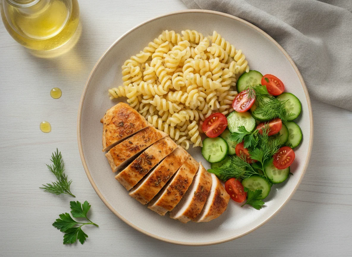 Куриная грудка с макаронами и овощным салатом photo