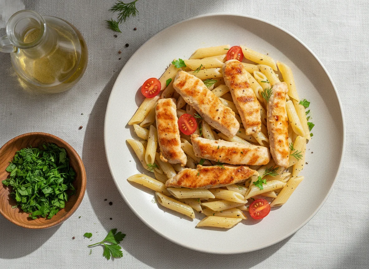 Куриная грудка с макаронами пенне photo