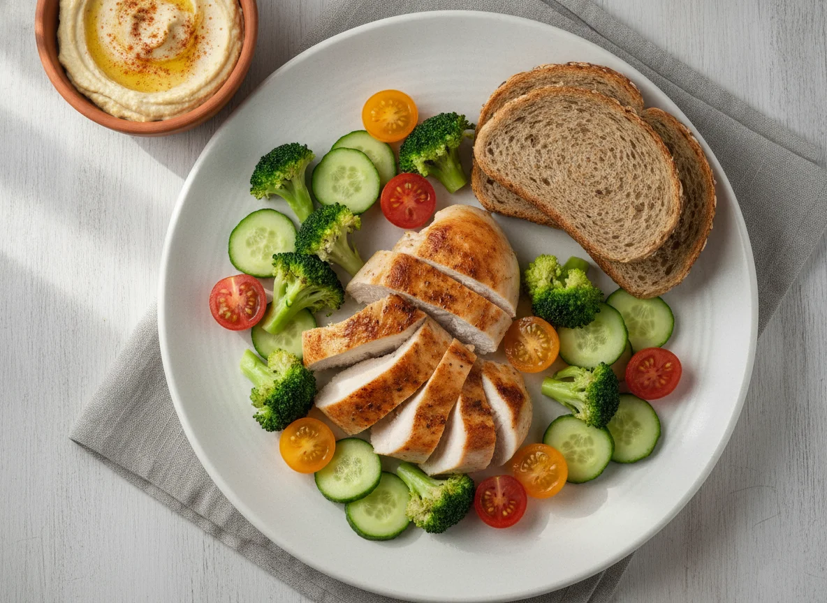 Куриная грудка с овощами и хлебом с хумусом photo