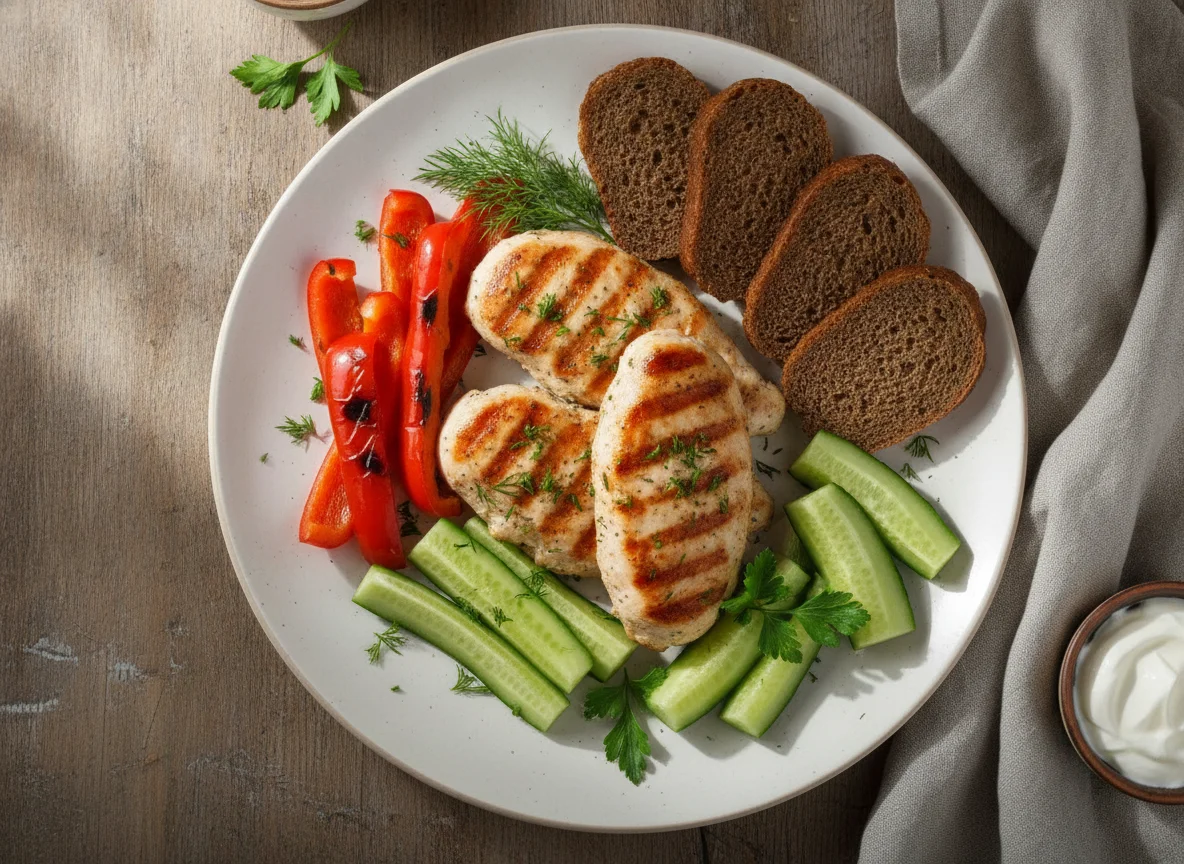 Куриная грудка с овощами и ржаным хлебом photo