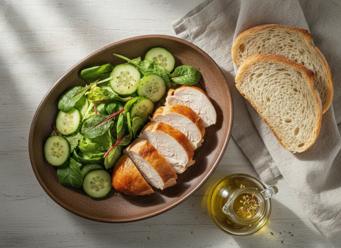 Куриная грудка с овощным салатом и хлебом photo