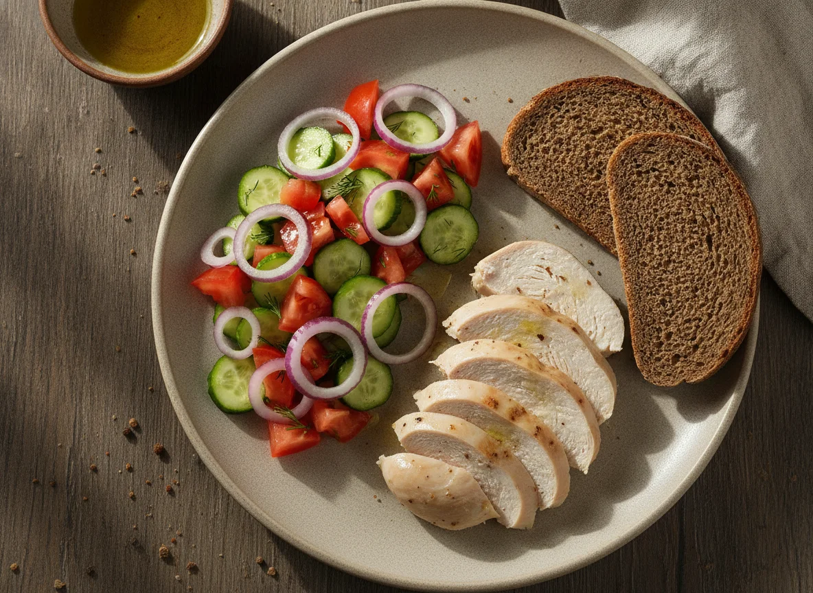 Куриная грудка с овощным салатом и ржаным хлебом photo