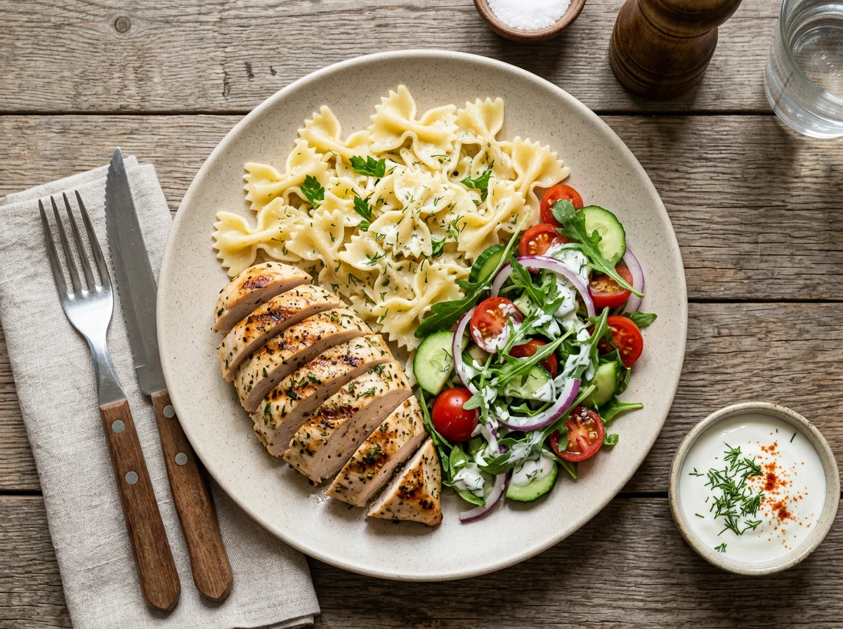 Куриная грудка с пастой и овощным салатом photo