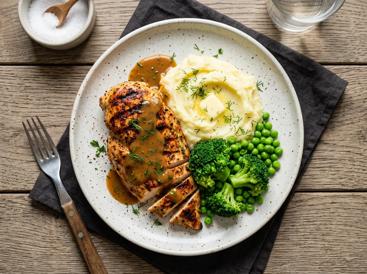 Куриная грудка с пюре и овощами photo