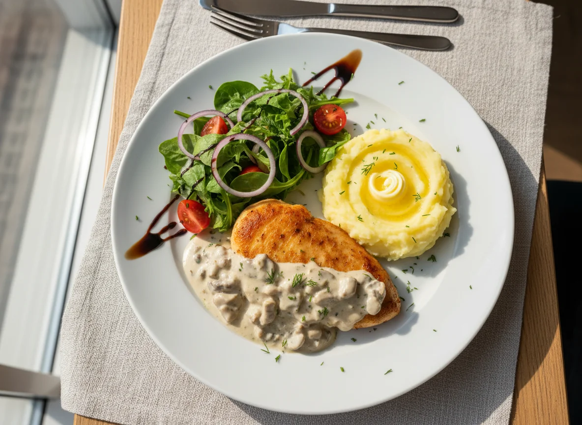 Куриная грудка с пюре и салатом photo