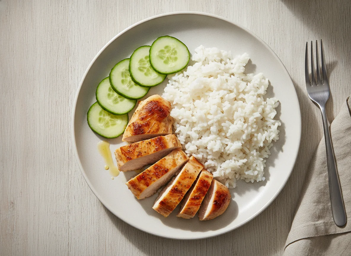 Куриная грудка с рисом и огурцом photo