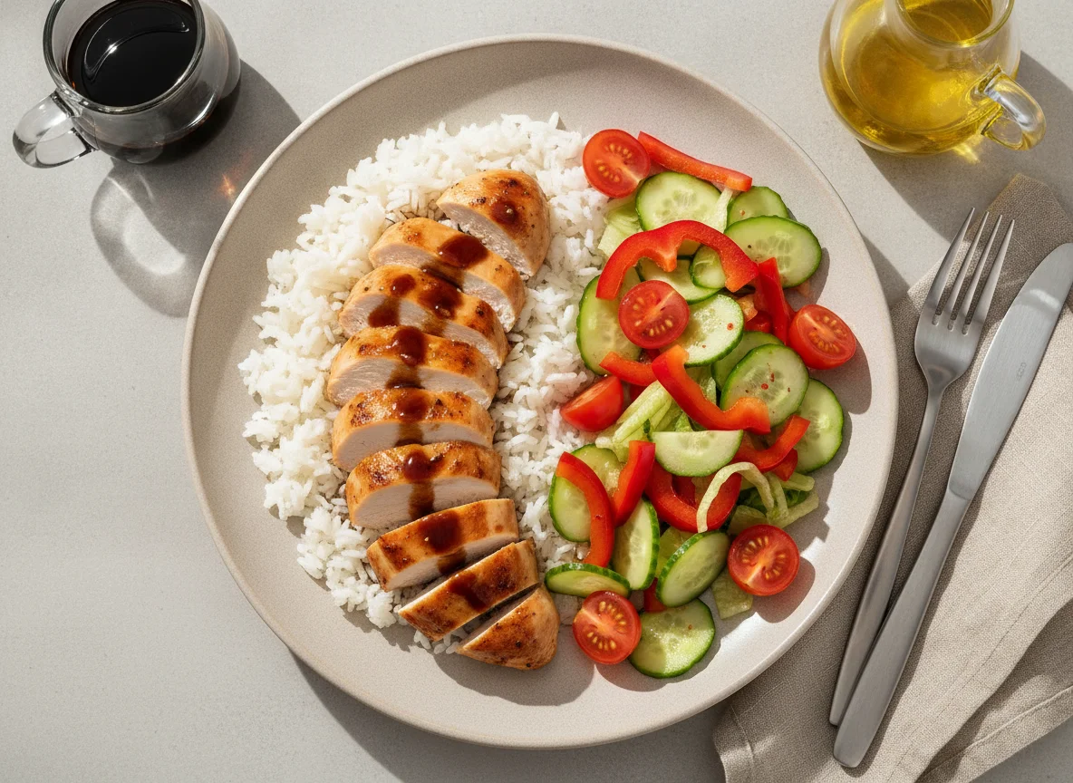 Куриная грудка с рисом и овощным салатом photo