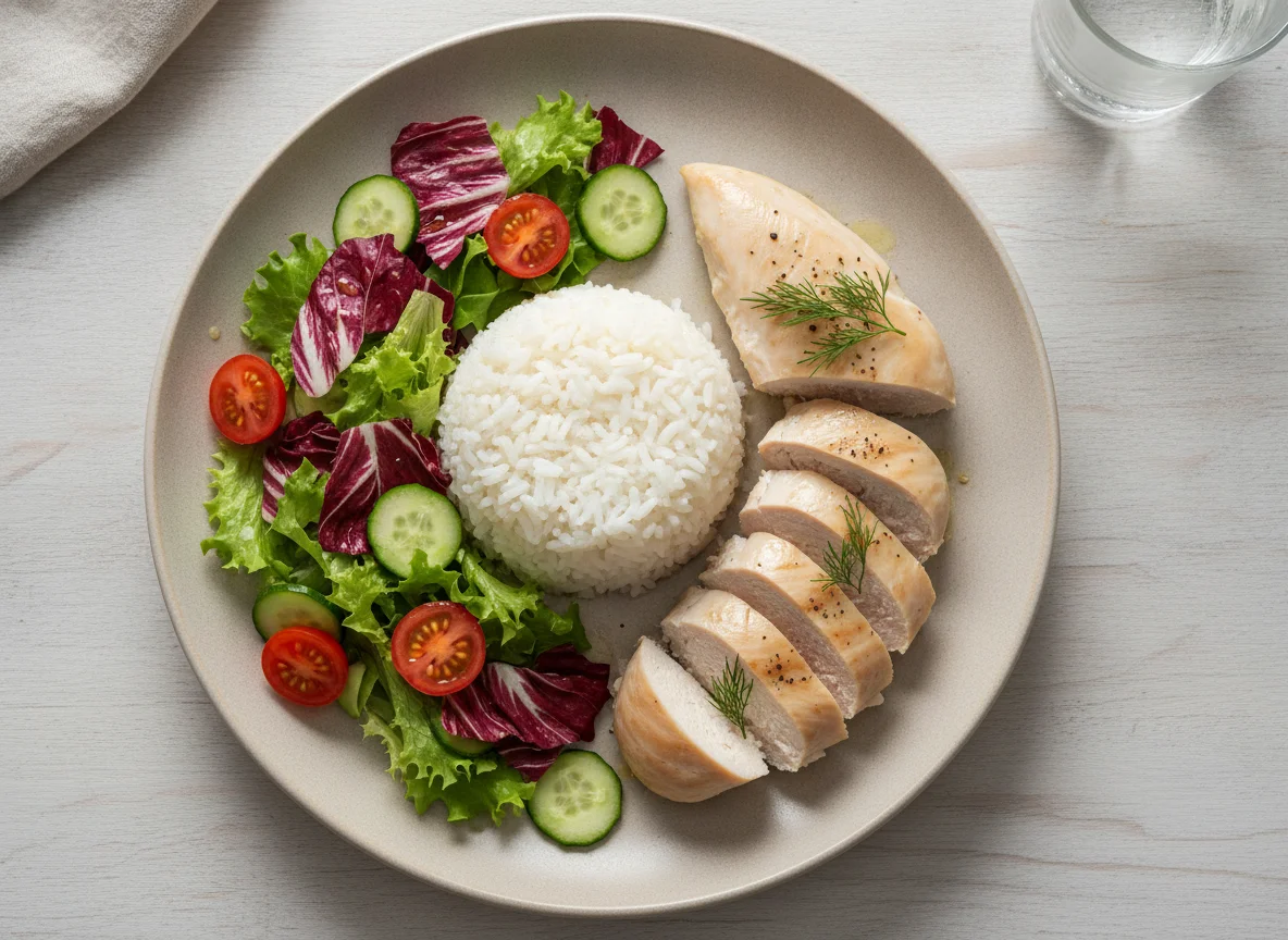 Куриная грудка с рисом и свежим салатом photo