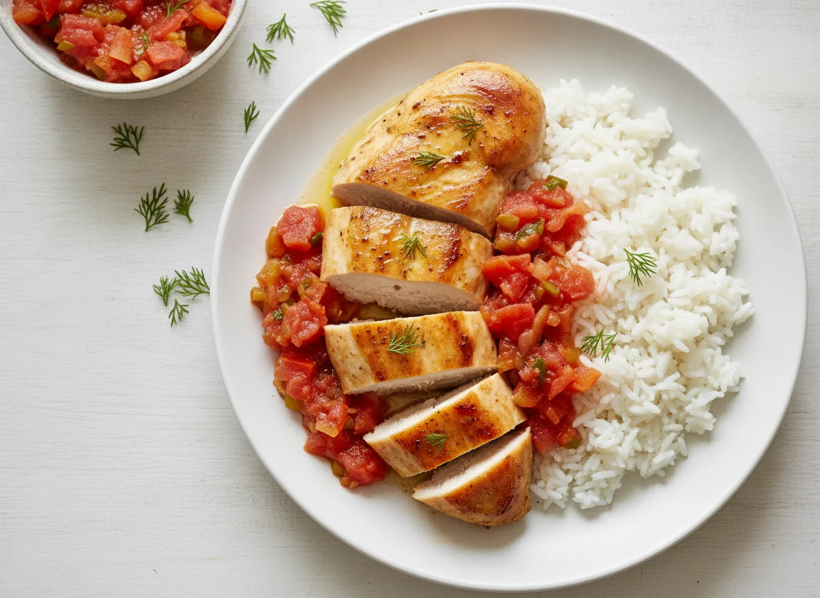 Куриная грудка с рисом и томатным соусом photo