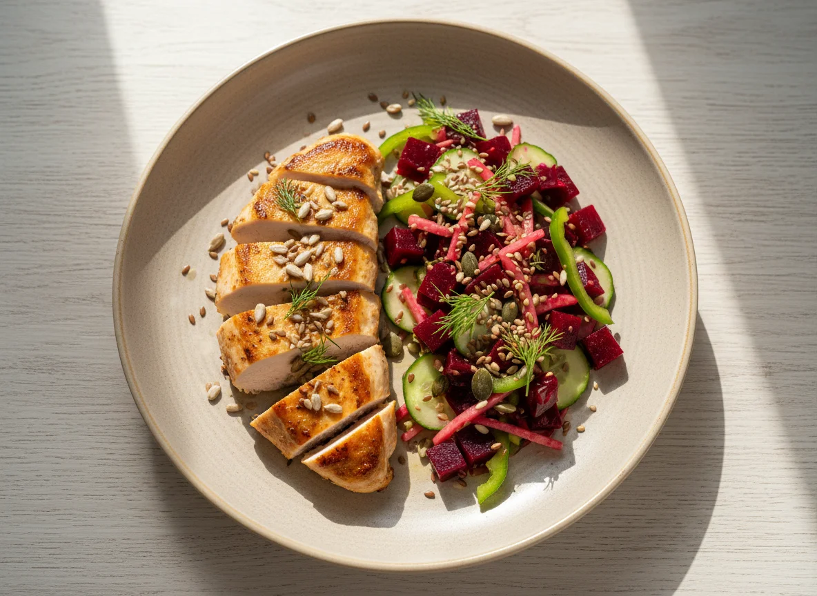 Куриная грудка с салатом из свеклы и огурцов photo