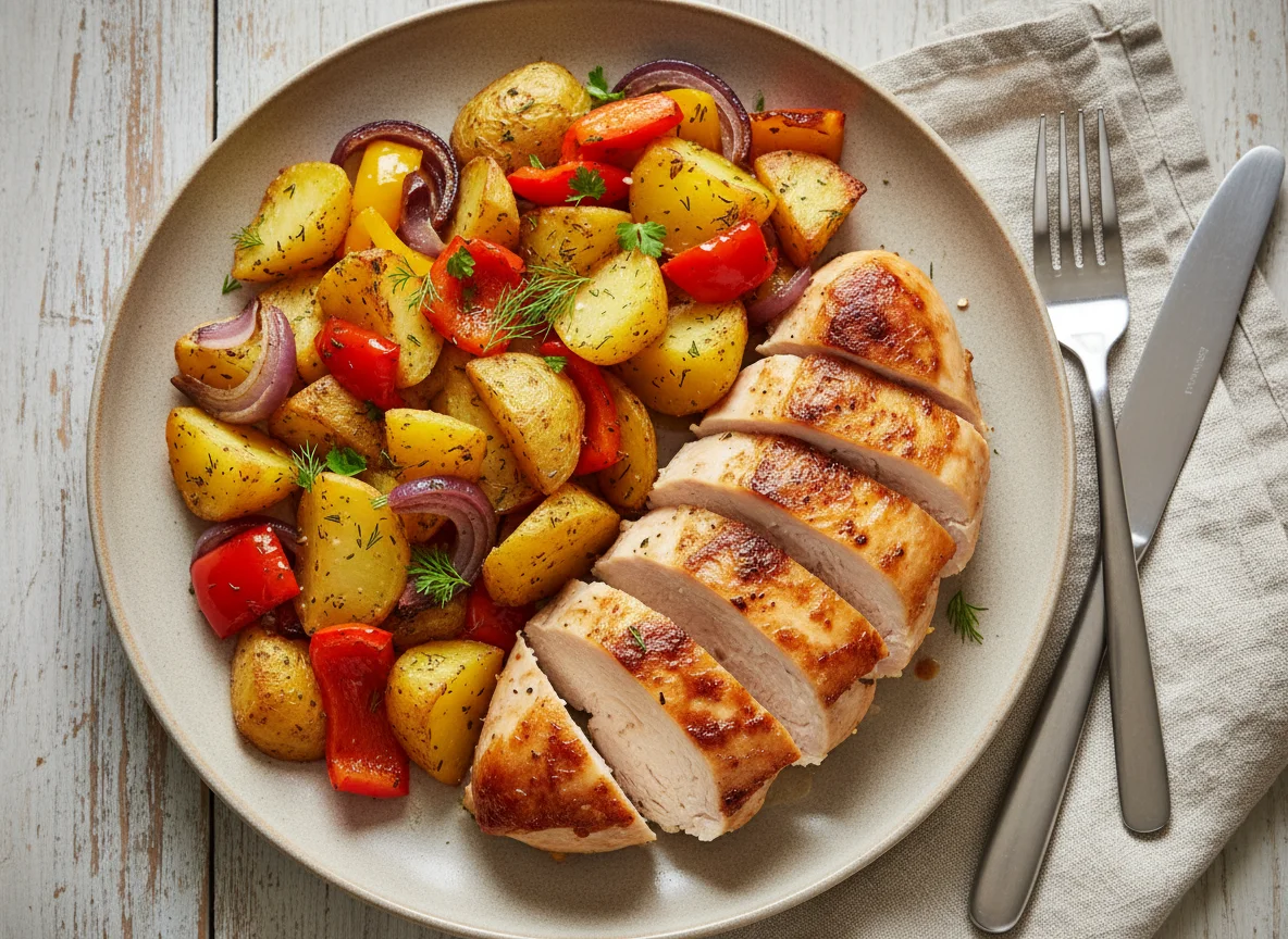 Куриная грудка с запеченным картофелем и овощами photo