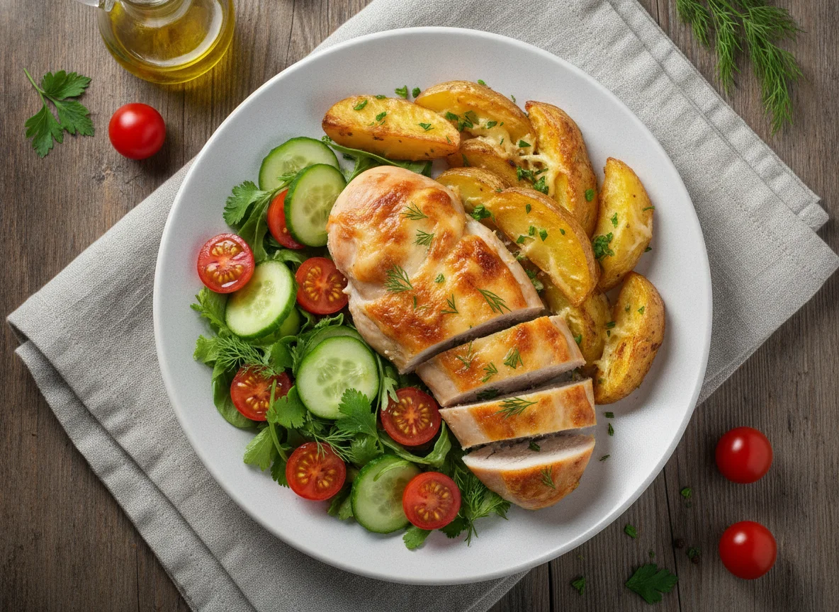 Куриная грудка с запеченным картофелем и овощным салатом photo