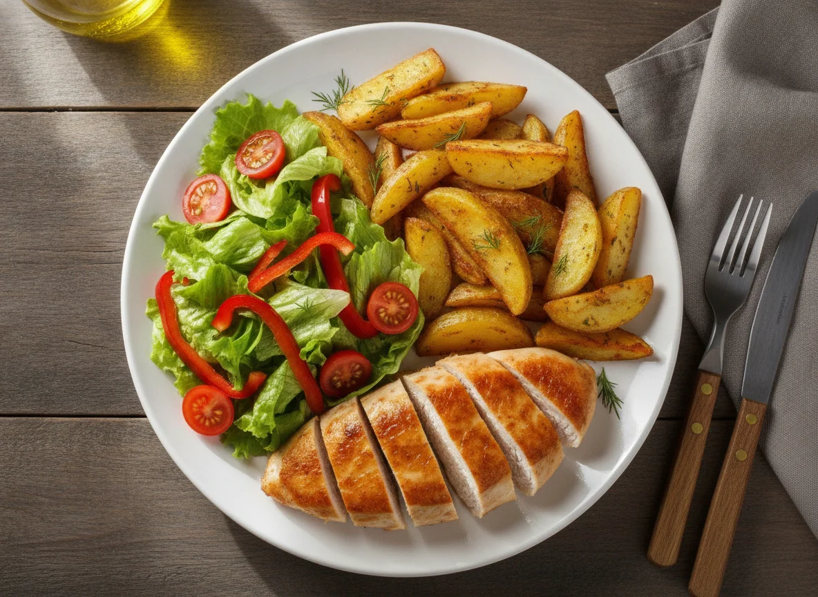 Куриная грудка с жареным картофелем и овощным салатом photo