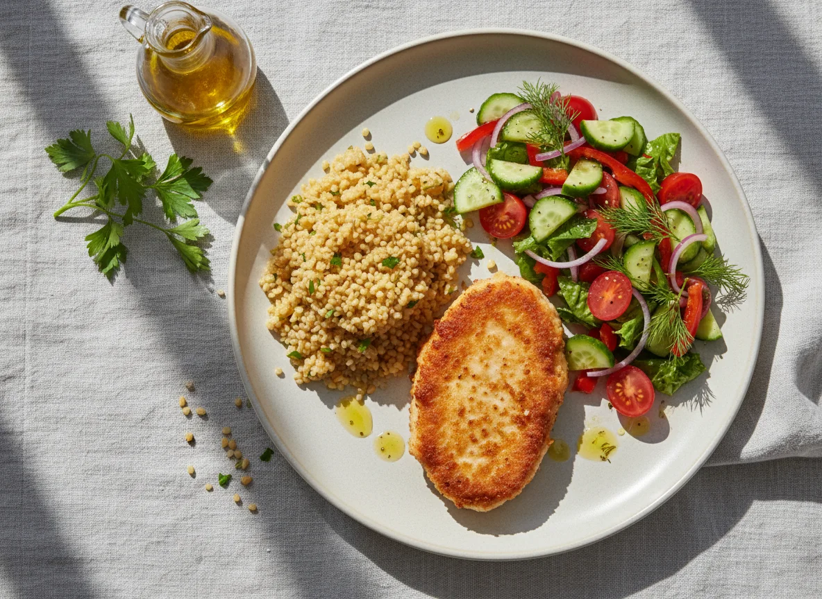 Куриная котлета с булгуром и овощным салатом photo