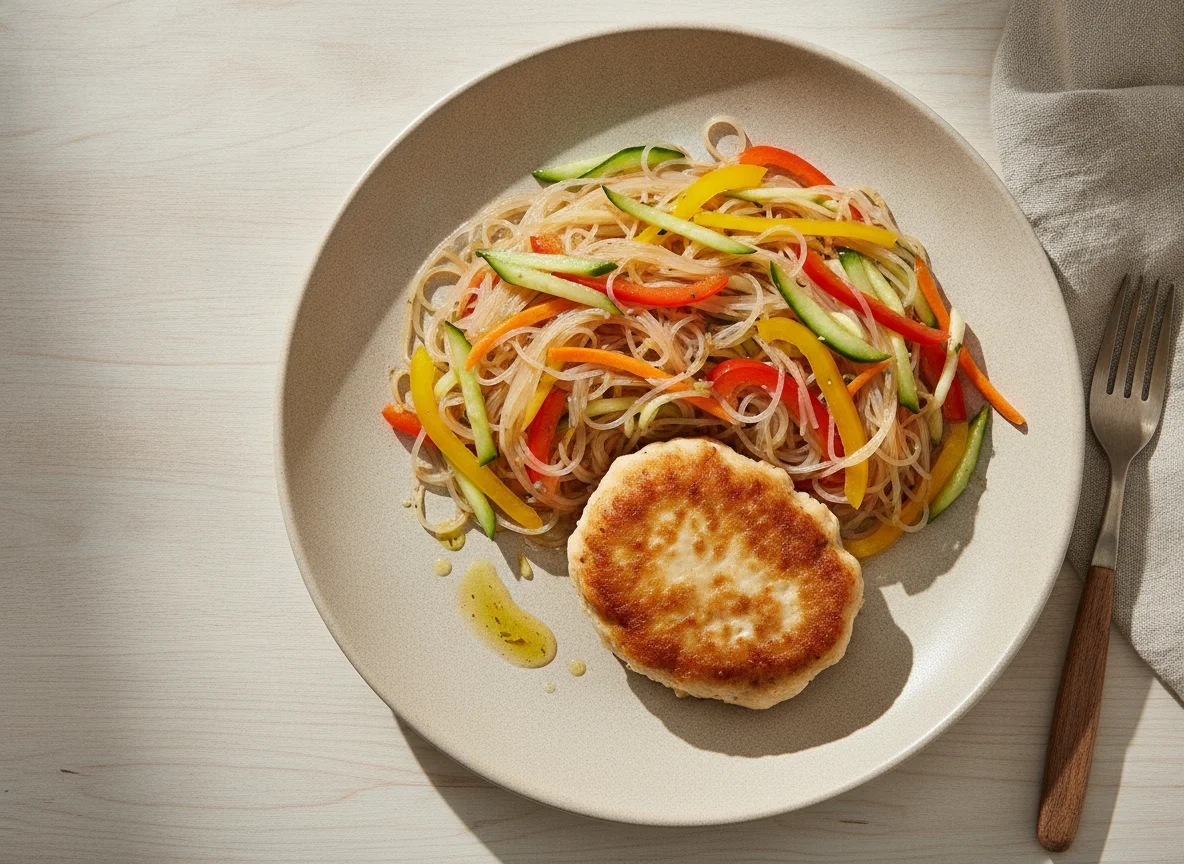 Куриная котлета с фунчозой и овощами photo