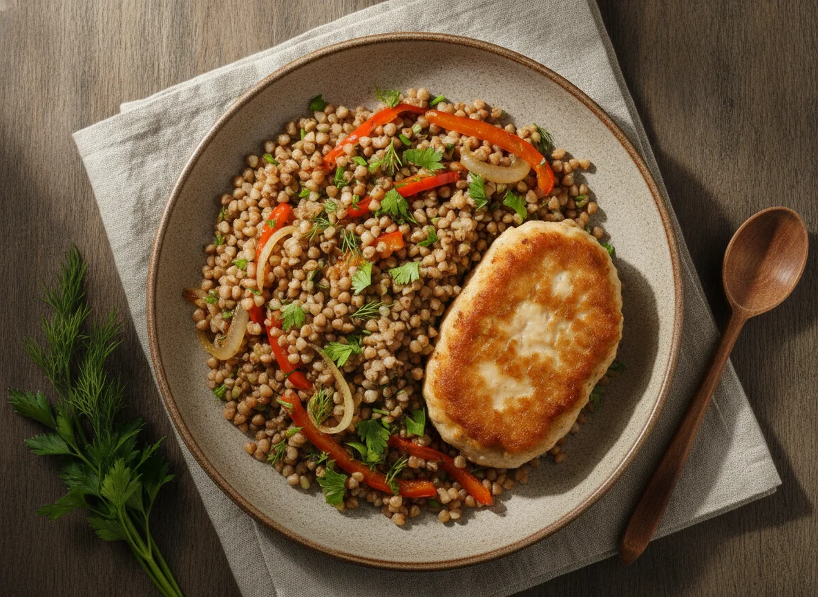 Куриная котлета с гречкой и овощами photo