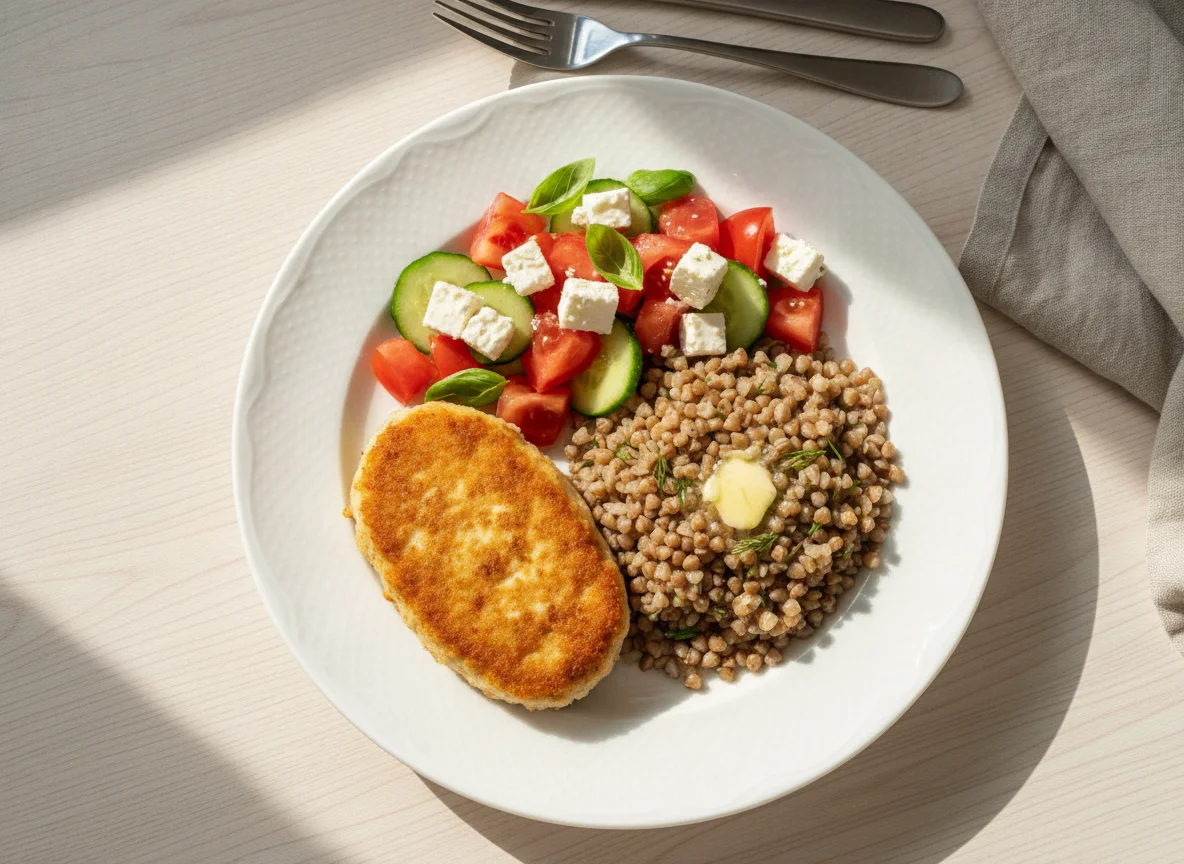 Куриная котлета с гречкой и овощным салатом photo