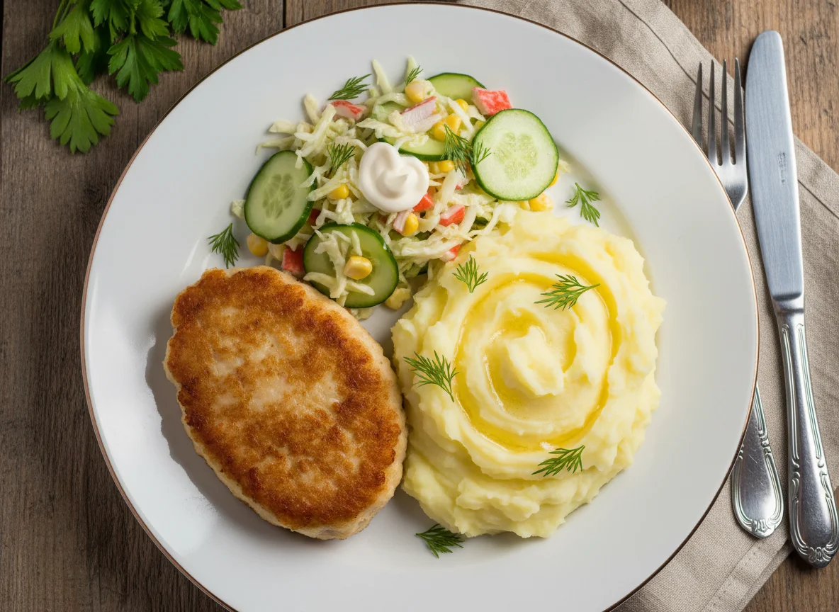 Куриная котлета с картофельным пюре и салатом photo