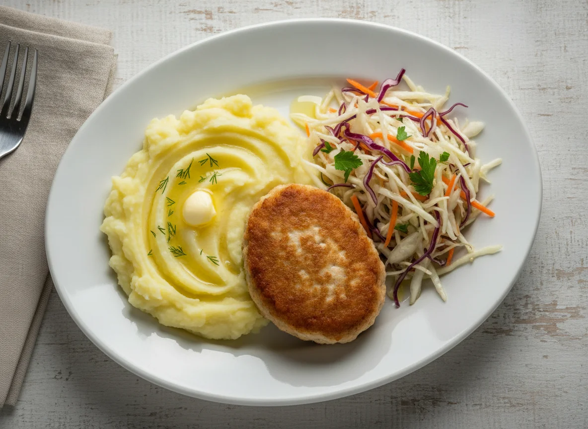 Куриная котлета с картофельным пюре и салатом из капусты photo