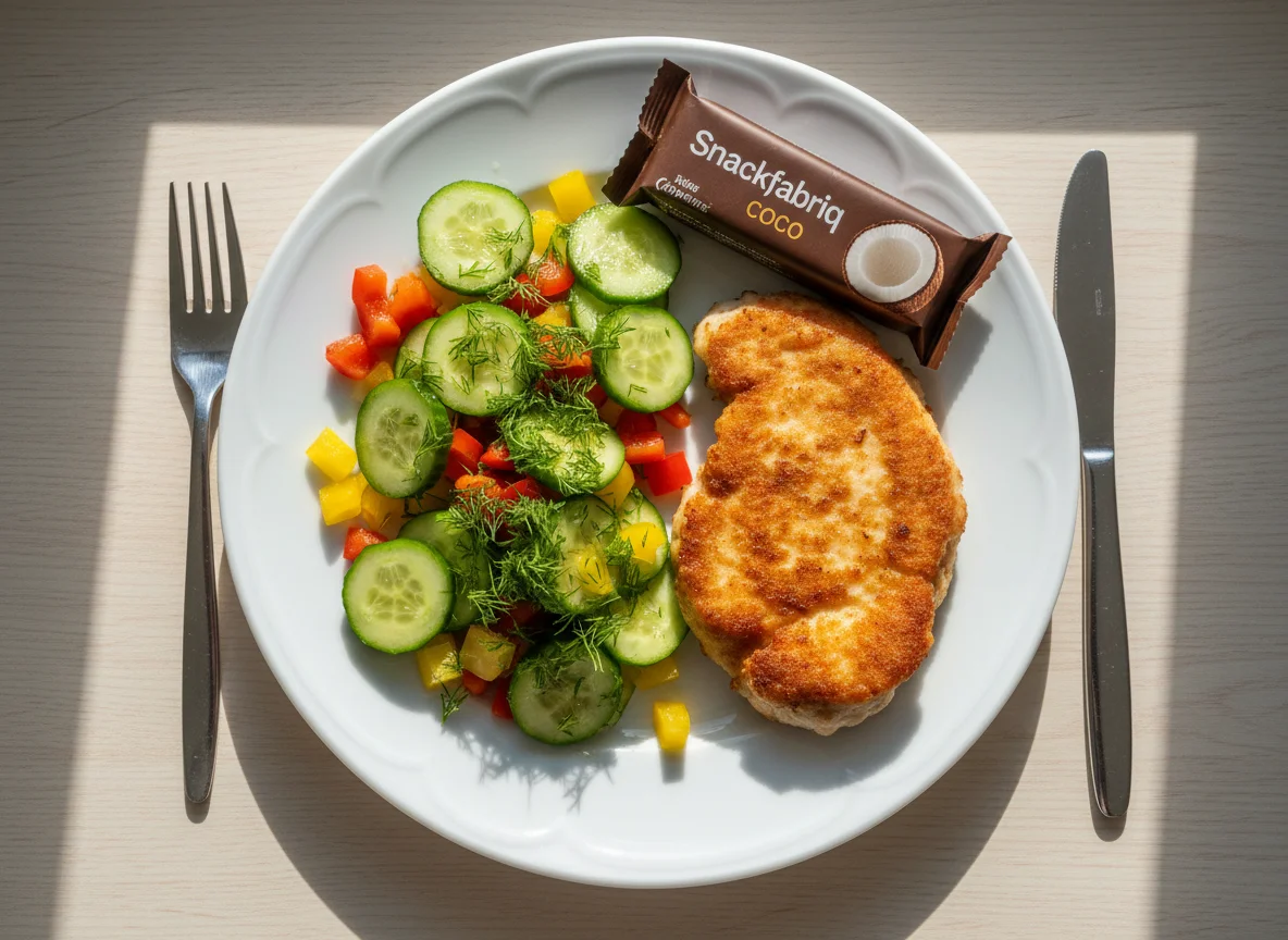 Куриная котлета с овощным салатом и кокосовым батончиком photo