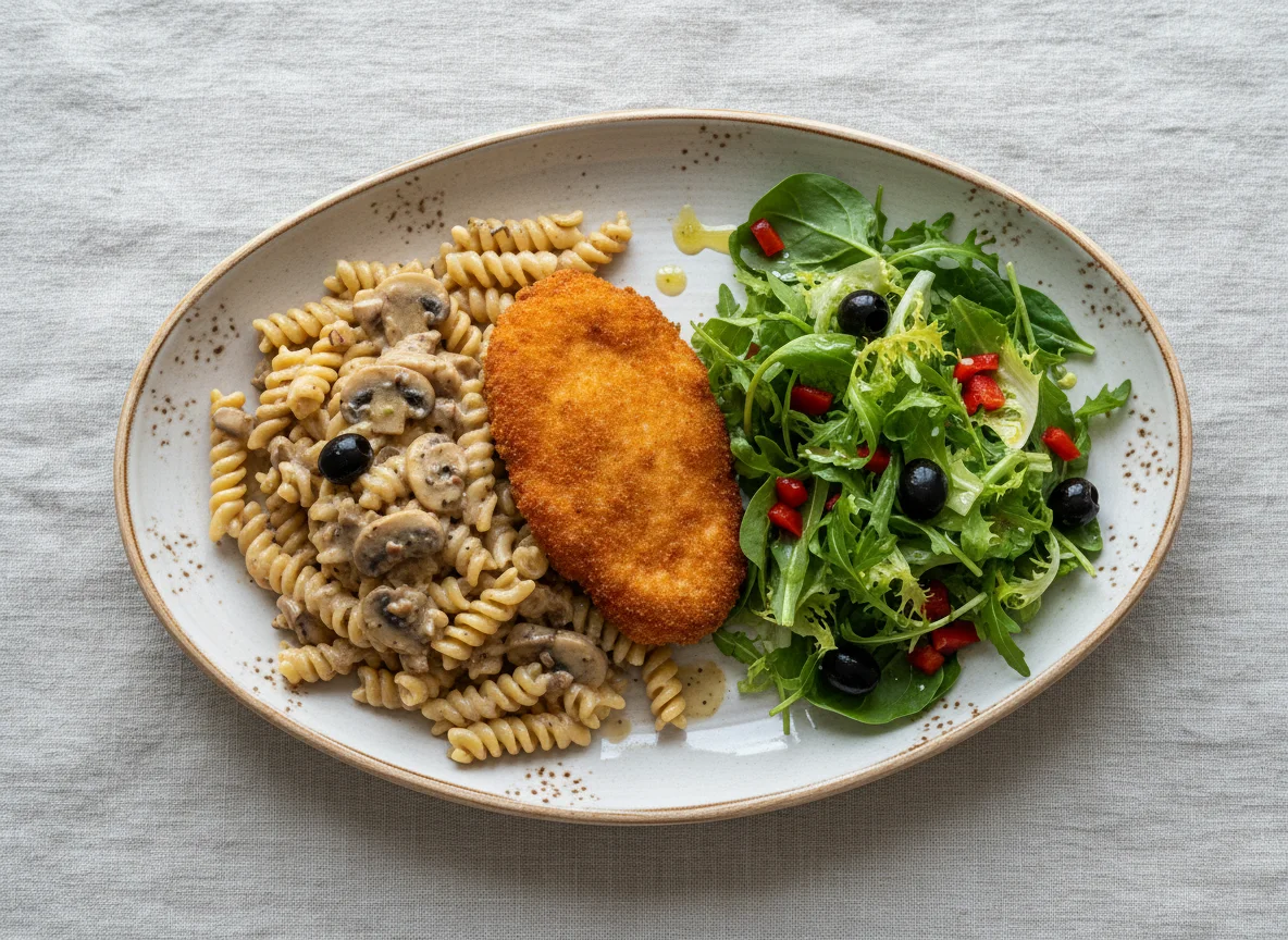 Куриная котлета с пастой и салатом photo