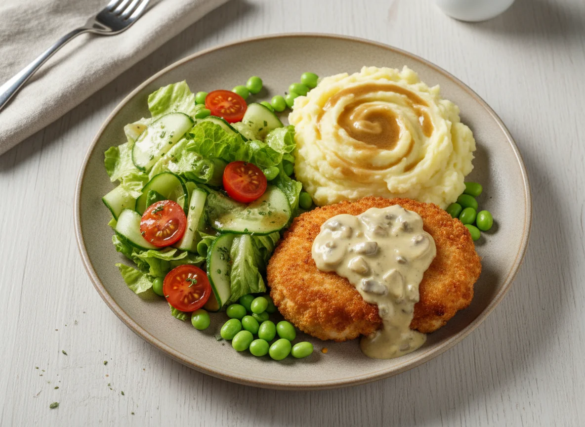Куриная котлета с пюре и овощным салатом photo