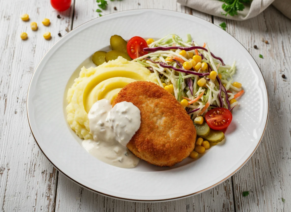 Куриная котлета с пюре и салатом photo