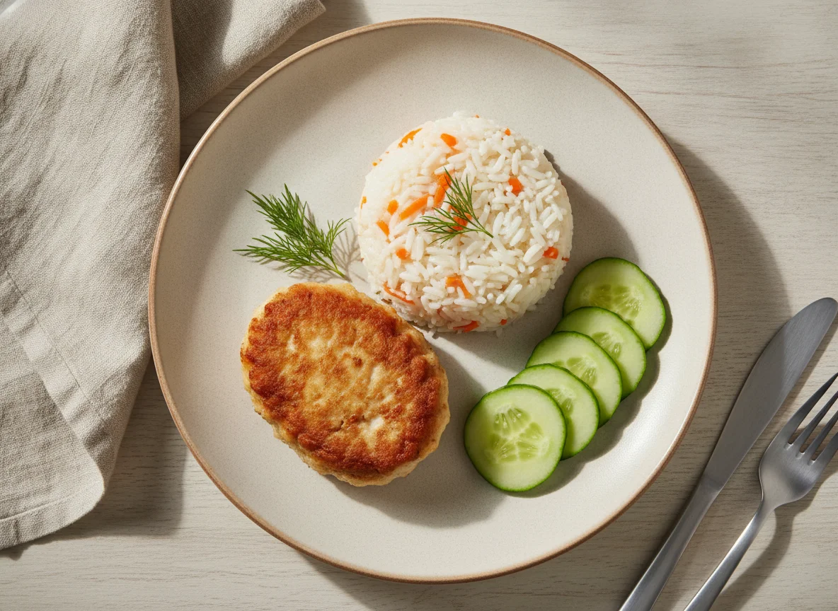 Куриная котлета с рисом и огурцом photo