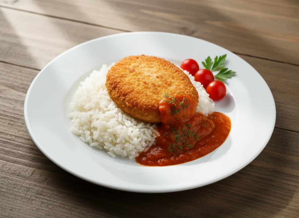 Куриная котлета с рисом и соусом photo