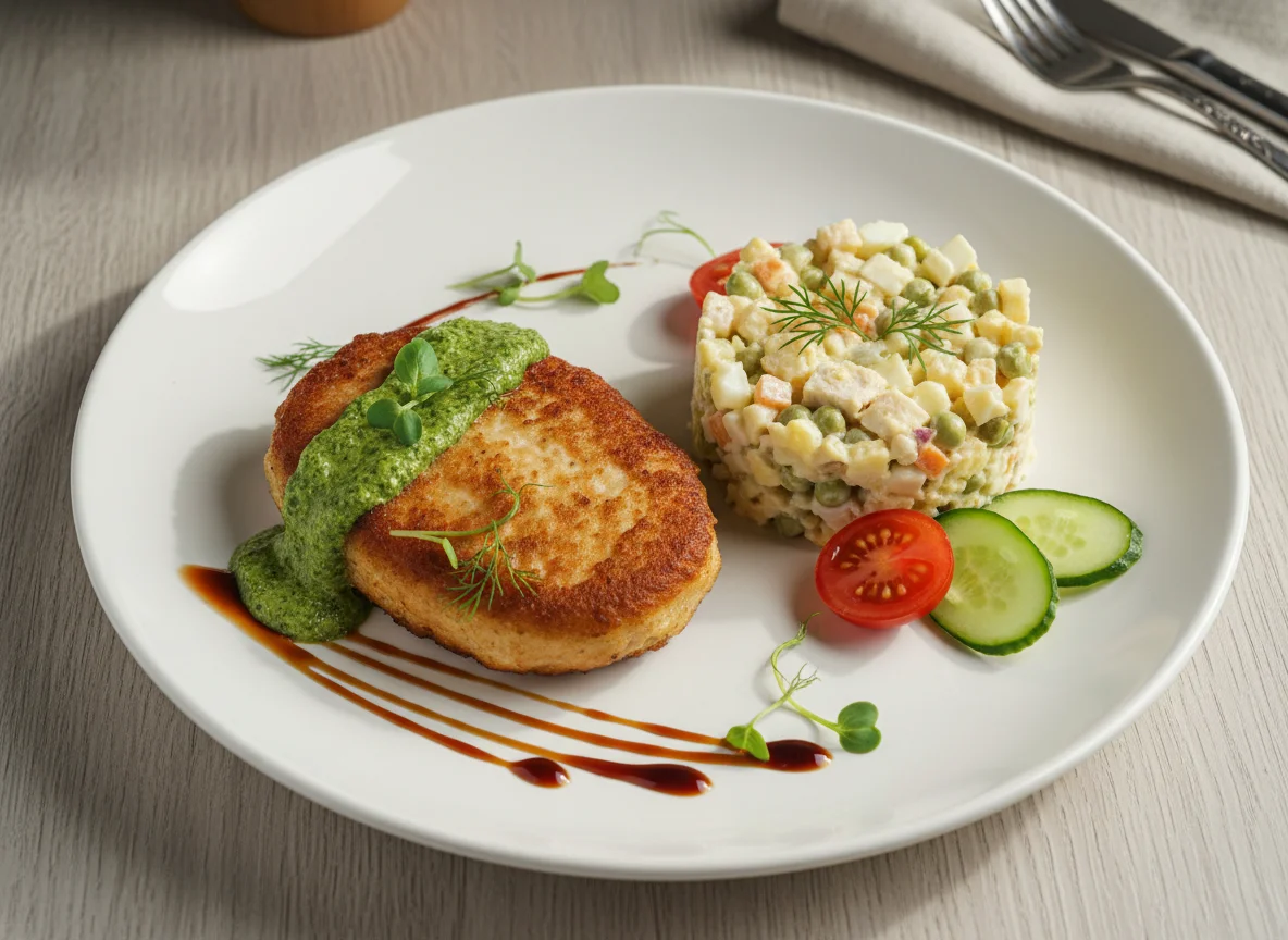 Куриная котлета с соусом и салат Оливье photo