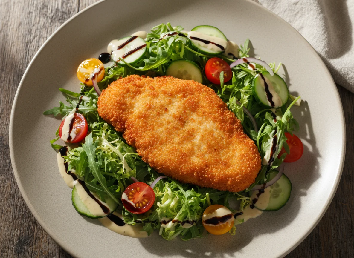 Куриная котлета в панировке с овощным салатом photo