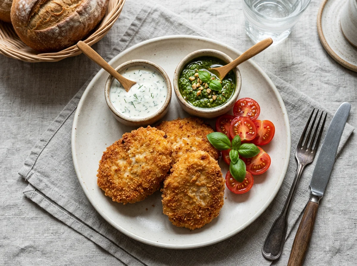 Куриная котлета в панировке с соусами и томатами photo