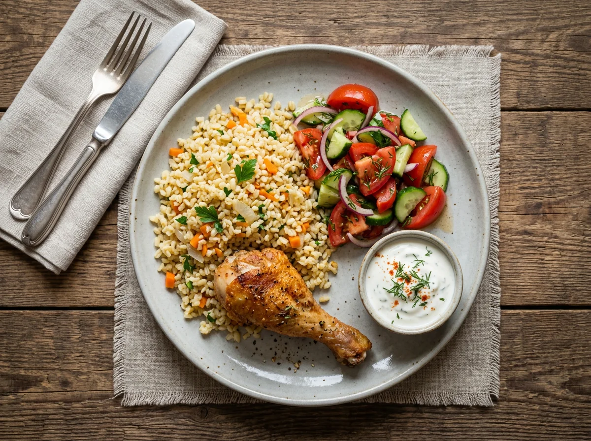 Куриная ножка с булгуром и овощным салатом photo