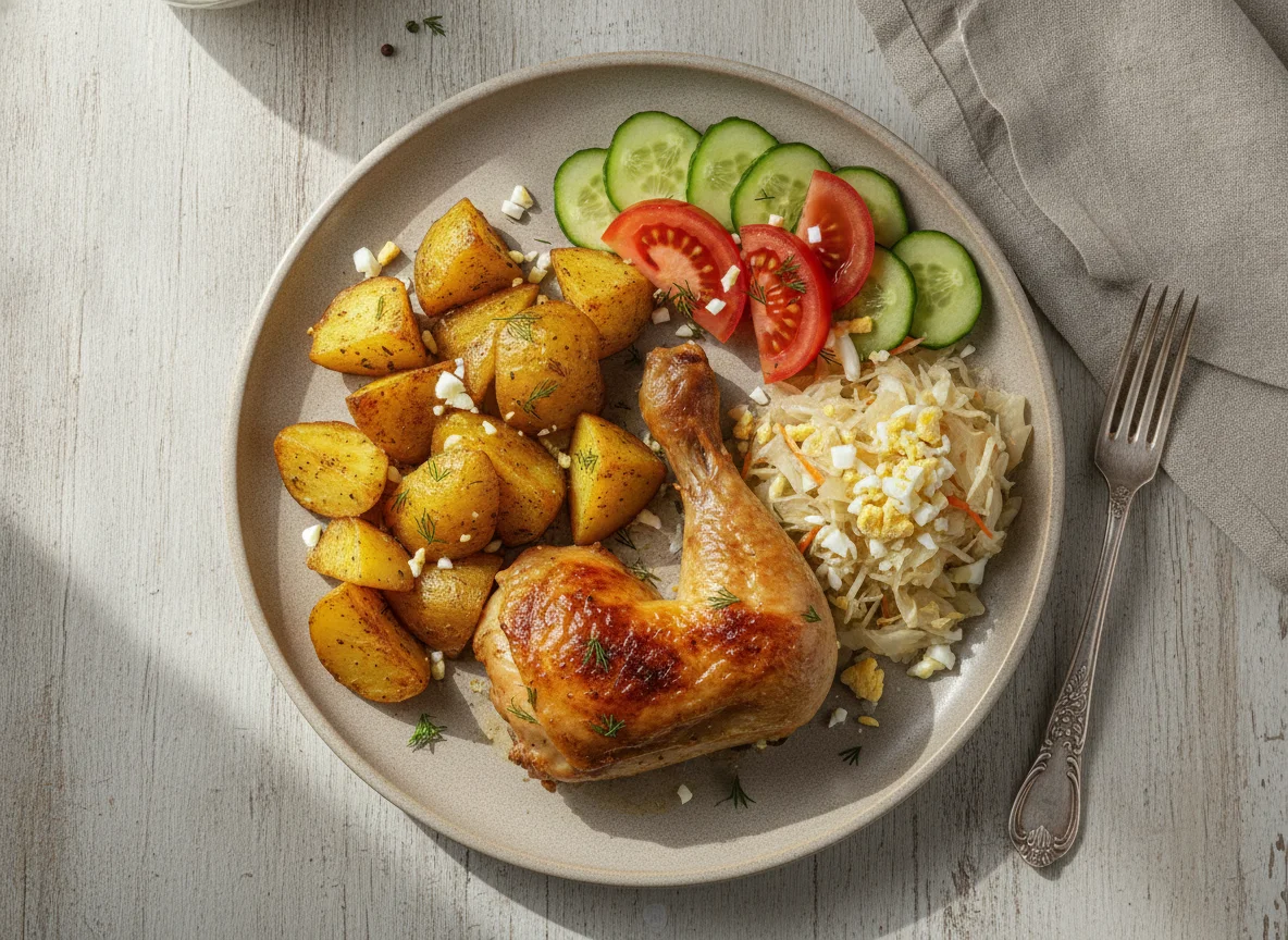 Куриная ножка с гарниром и салатом photo