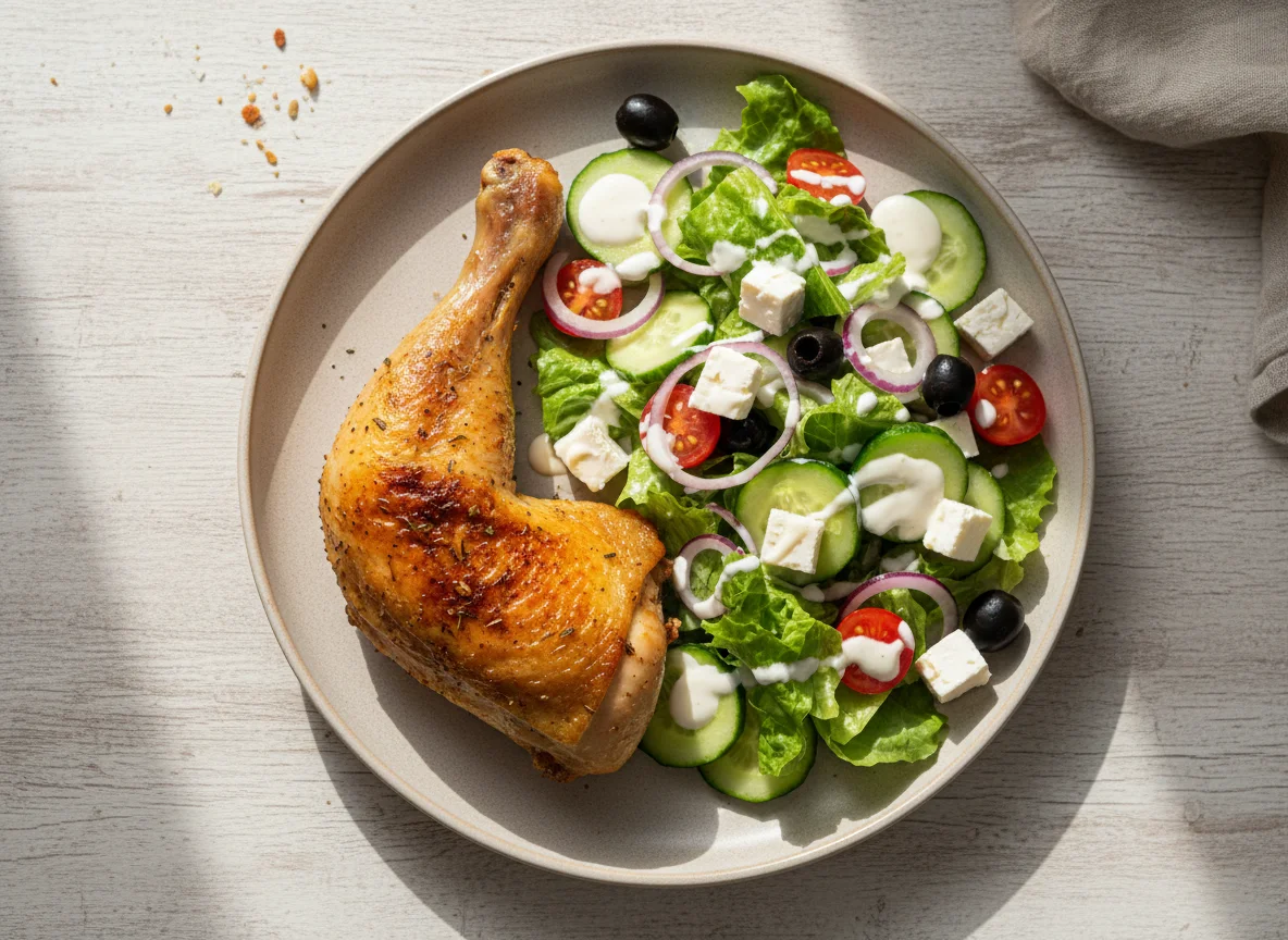 Куриная ножка с греческим салатом photo