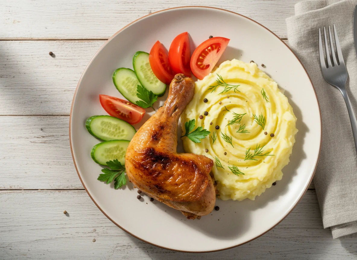 Куриная ножка с картофельным пюре и овощами photo