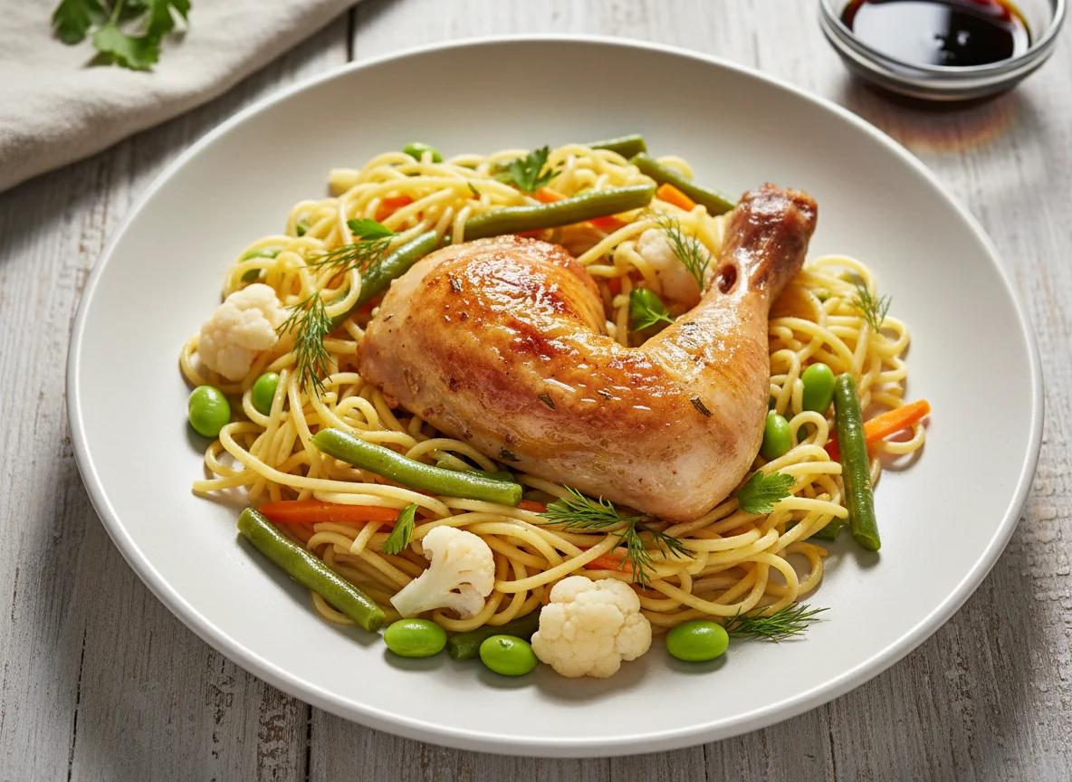 Куриная ножка с лапшой и овощами photo