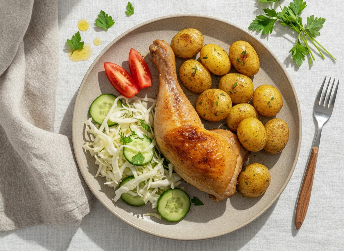 Куриная ножка с молодым картофелем и салатом photo
