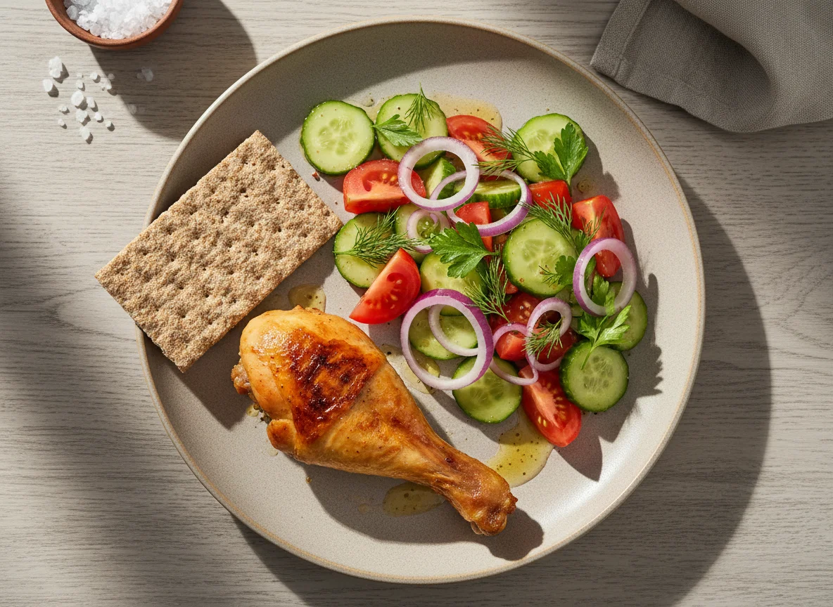 Куриная ножка с овощным салатом и хлебцем photo