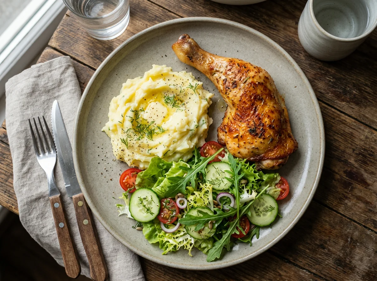 Куриная ножка с пюре и салатом photo