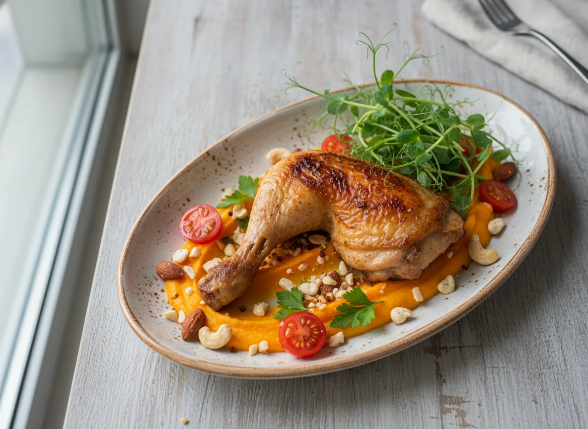 Куриная ножка с пюре из сладкого картофеля и ростками гороха photo