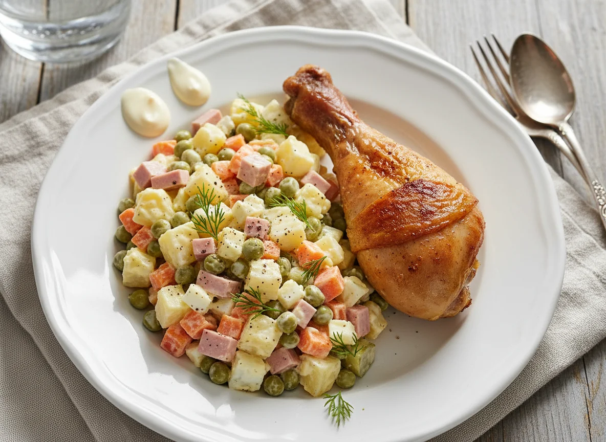 Куриная ножка с салатом Оливье photo