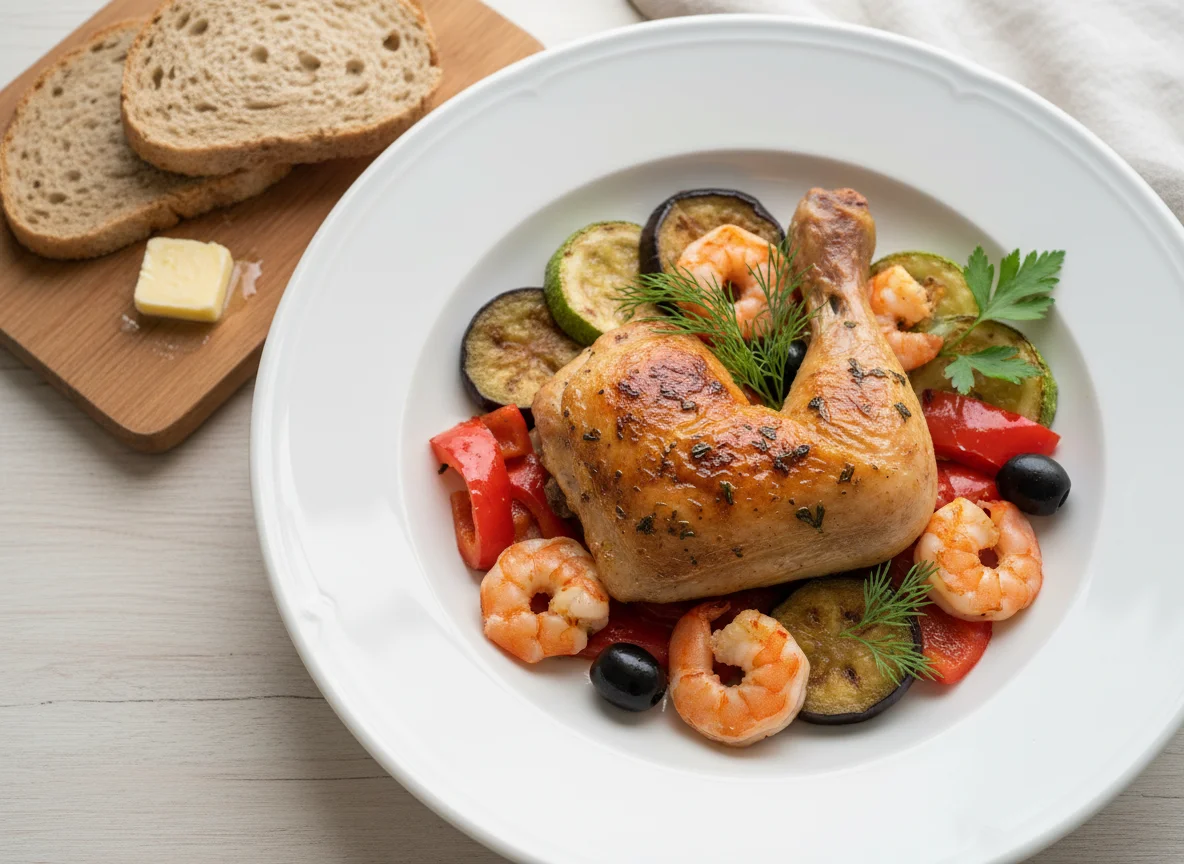 Куриная ножка с жареными овощами и креветками photo