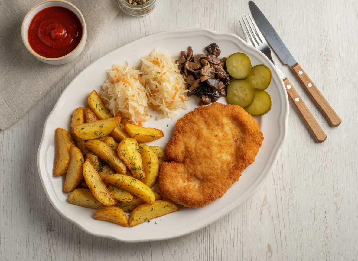 Куриная отбивная с картофелем и закусками photo