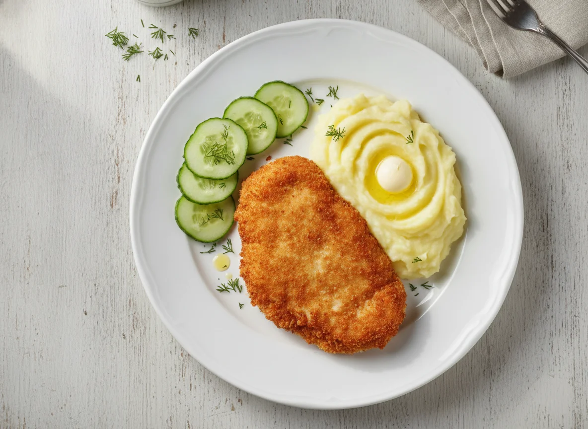 Куриная отбивная с картофельным пюре и огурцами photo